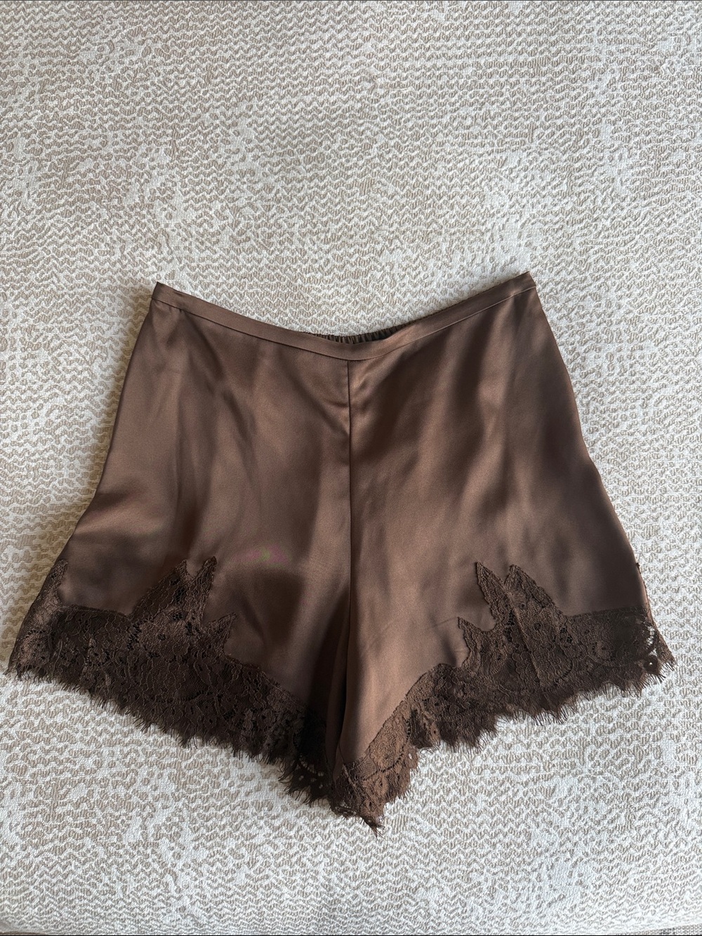 Reformation Brown Satin Lace-Trim Shorts